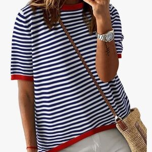 Womens Sweater Casual Crewneck Short Sleeve Striped sweater